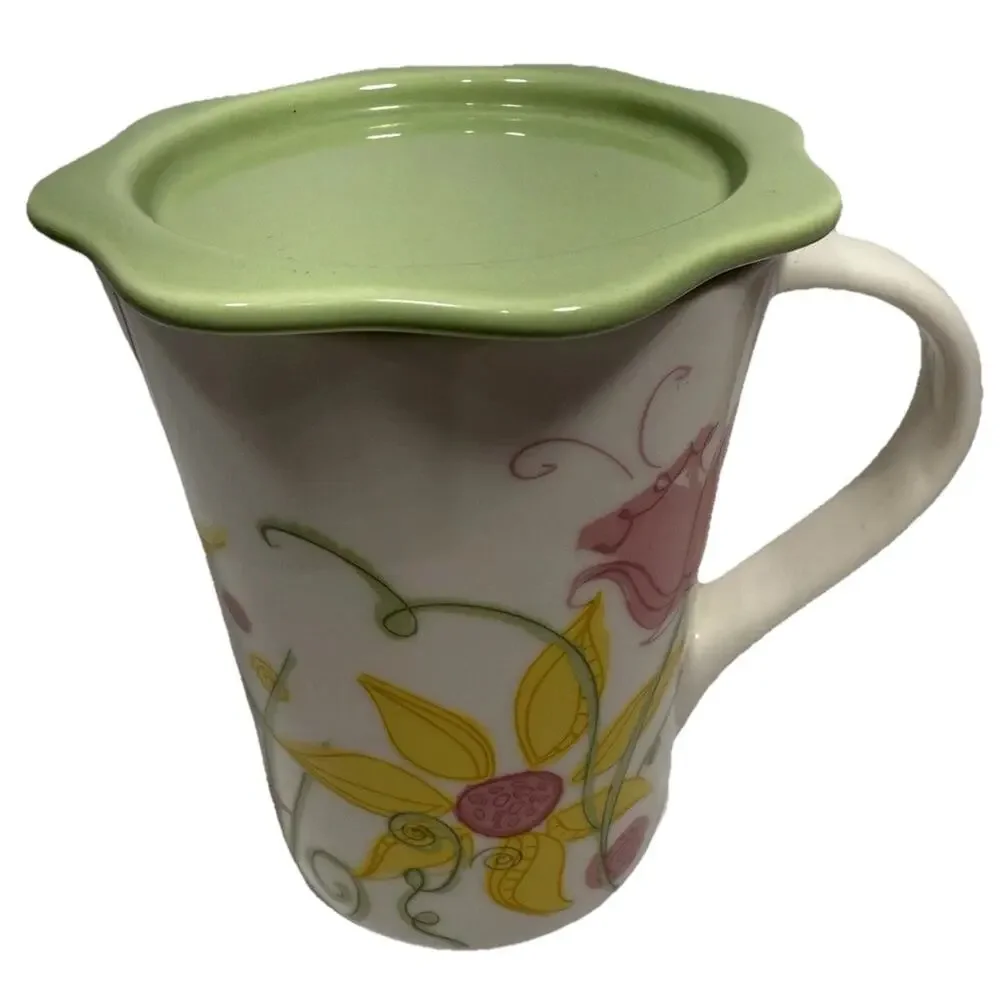 Starbucks Coffee Mug 2006 Floral 13 oz w/ Green Lid Steep Rest EUC‎